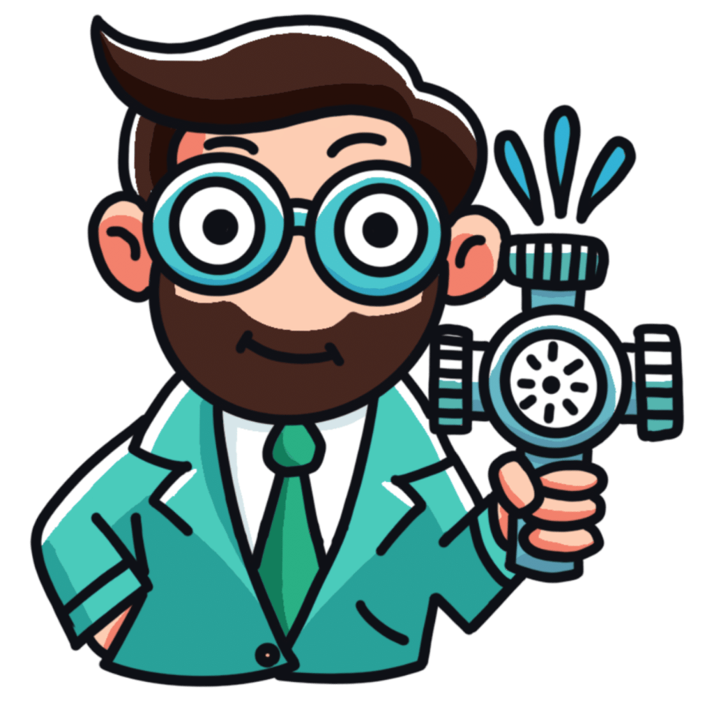 A humorous mascot for the Leak Geek brand, the cartoon plumber holds a leaking pipe valve while wearing a teal suit, glasses, and a beard.