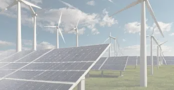 3D illustration of wind turbines and solar panels on green land, signifying contemporary clean power generation and renewable energy.